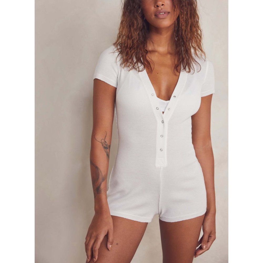 Free People White Ribbed Henley Short Romper
